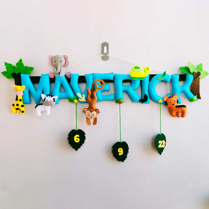 Personalized Blue Jungle Theme Felt Kids Name Plate