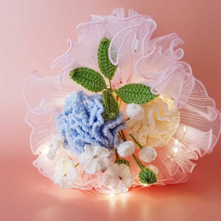 Handmade Crochet Morning Blue Flower Bouquet With Lights | Includes Photo & Greeting Card