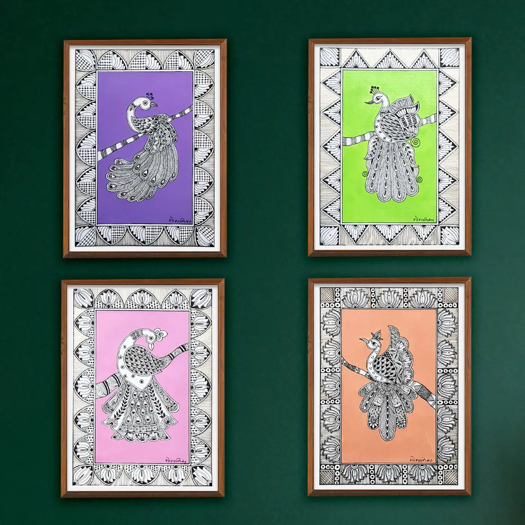 8 x 5 Inch | Peacock In Four Frames | Original Hand Painted Madhubani Painting On Paper