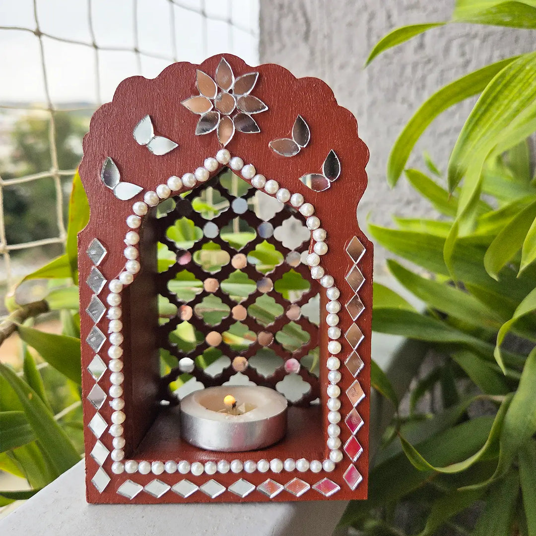 Hand-Painted Mirror Work Morrocon Mini Jharokha Tealight Holder | Set Of 2