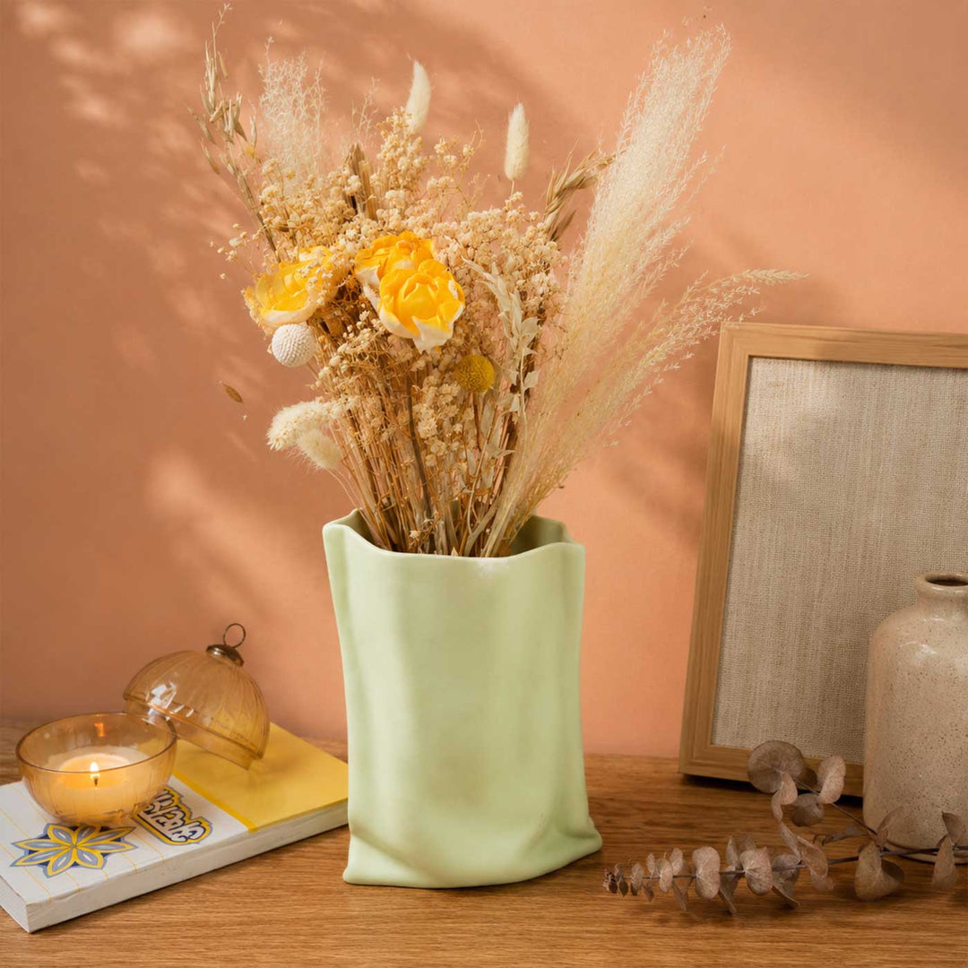 Matcha Muse Sculpted Porcelain Vase With Dried Flower Bunch
