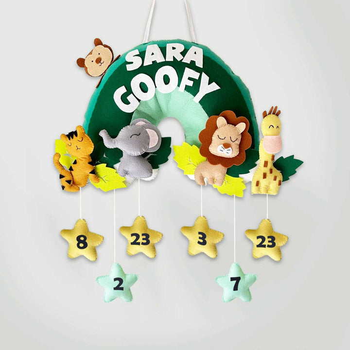 Personalized Felt Animal Rainbow Theme Kids Nameplate For Siblings - Front View Hanging Nursery Decor