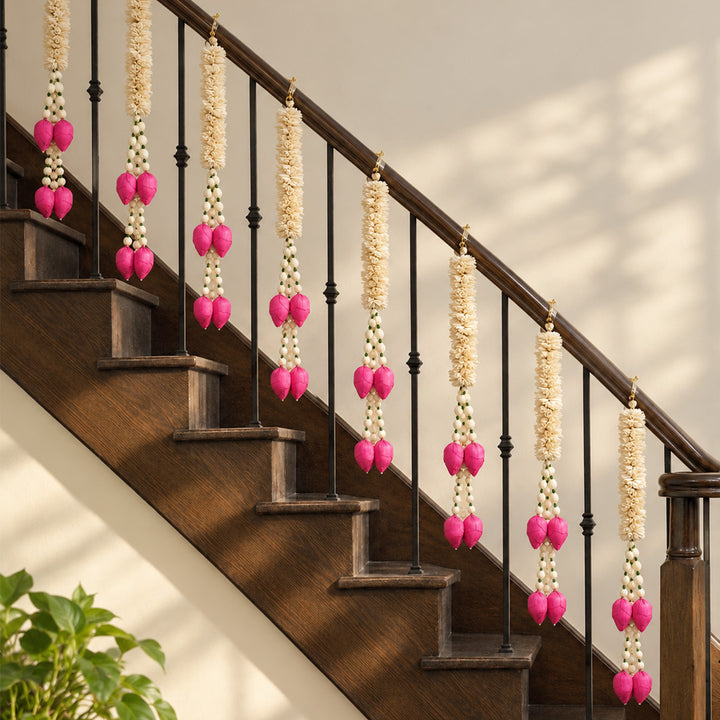Handmade Petal Charm White & Pink Shola Flower Hanging | Set Of 2