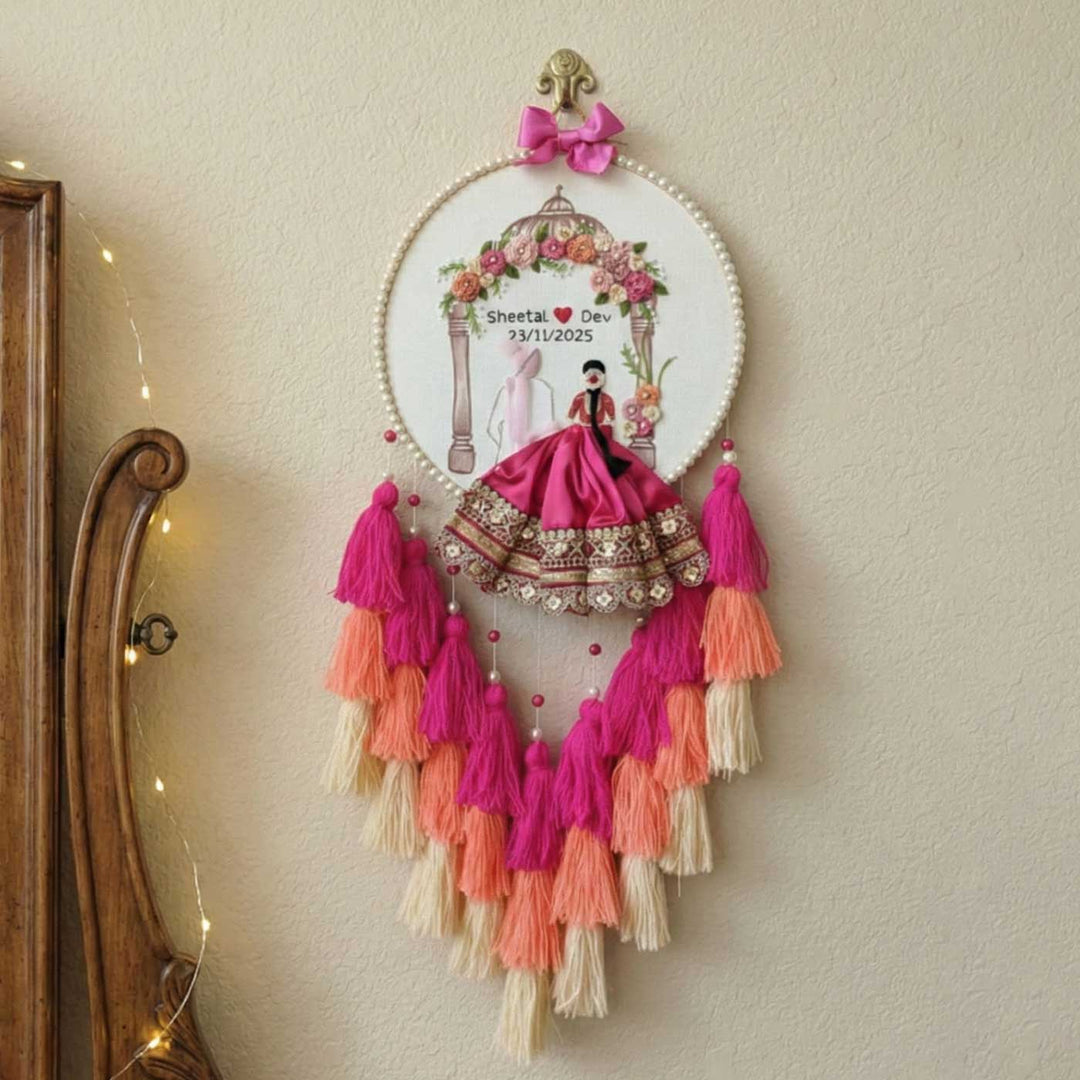 Personalized Embroidered Pink Wedding Plaque With Tassels
