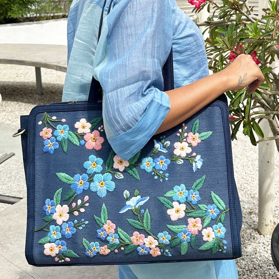 Personalized Hand Embroidered Blue Floral Tote Bag