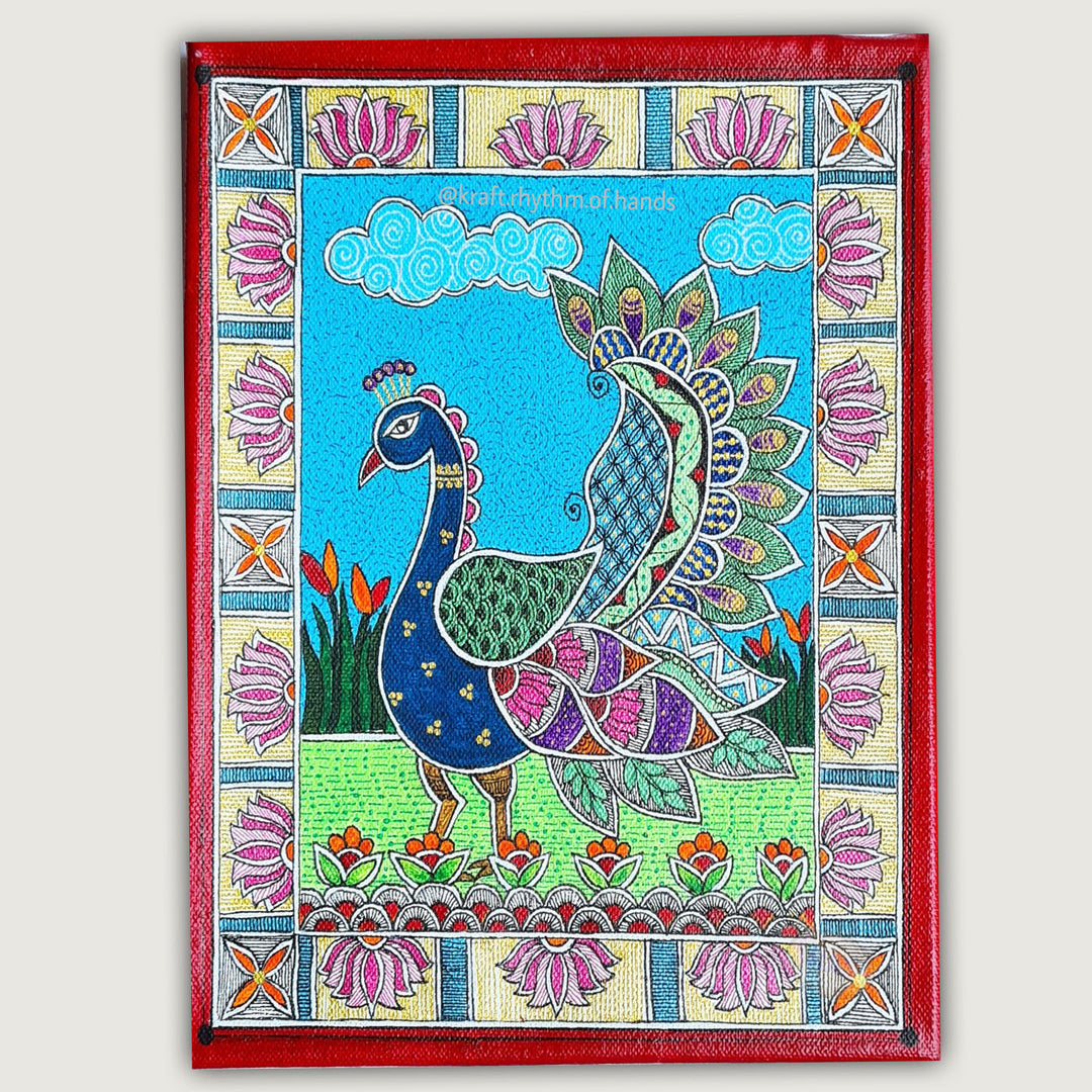 10 x 7 Inch | Dancing Peacock | Original Hand Painted Madhubani Painting On Canvas