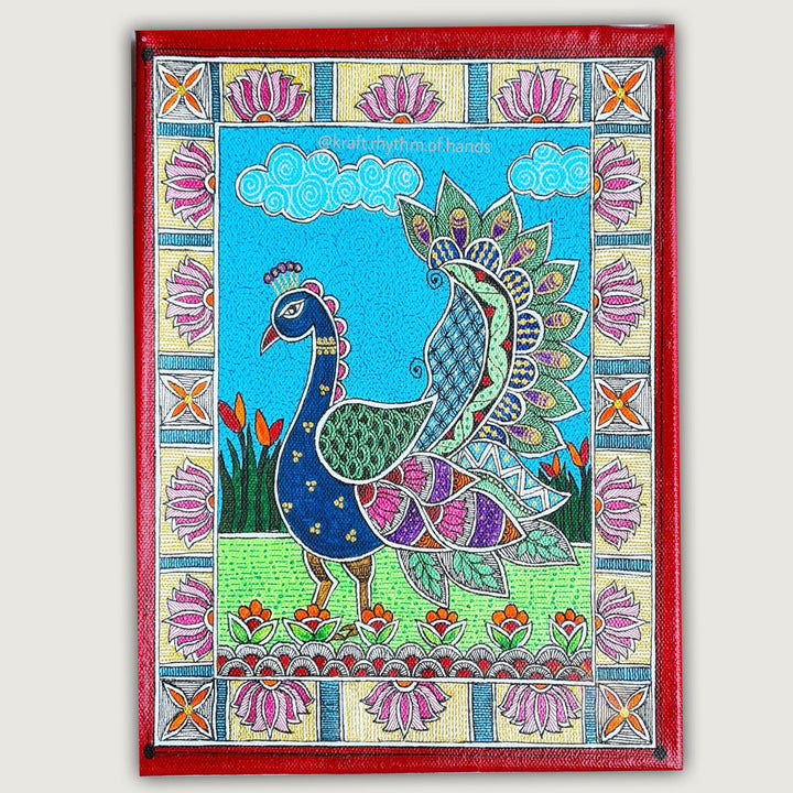 10 x 7 Inch | Dancing Peacock | Original Hand Painted Madhubani Painting On Canvas