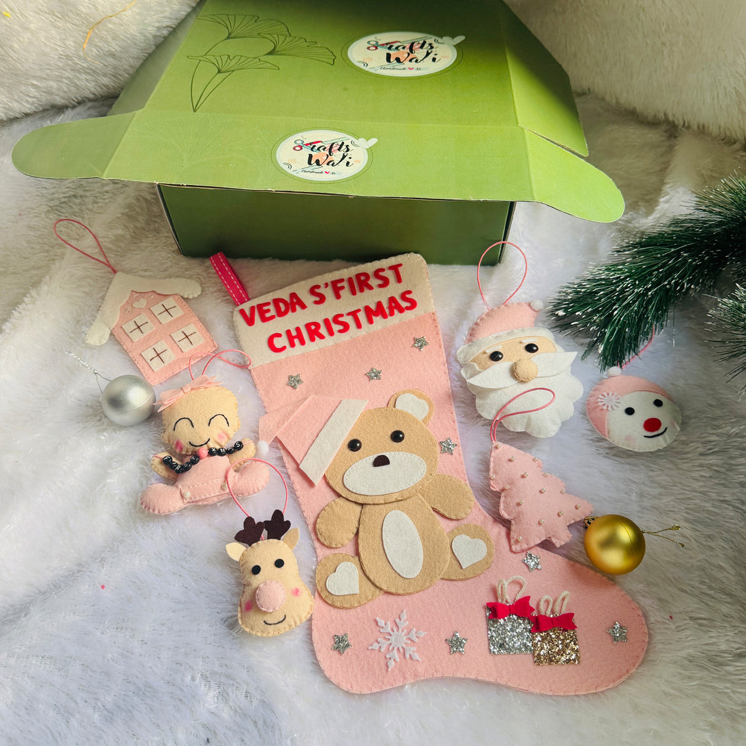 Personalized My First Christmas Felt Hamper | Includes 1 Stocking, 6 Ornaments