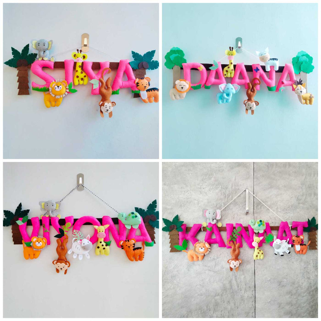 Personalized Pink Jungle Theme Felt Kids Name Plate