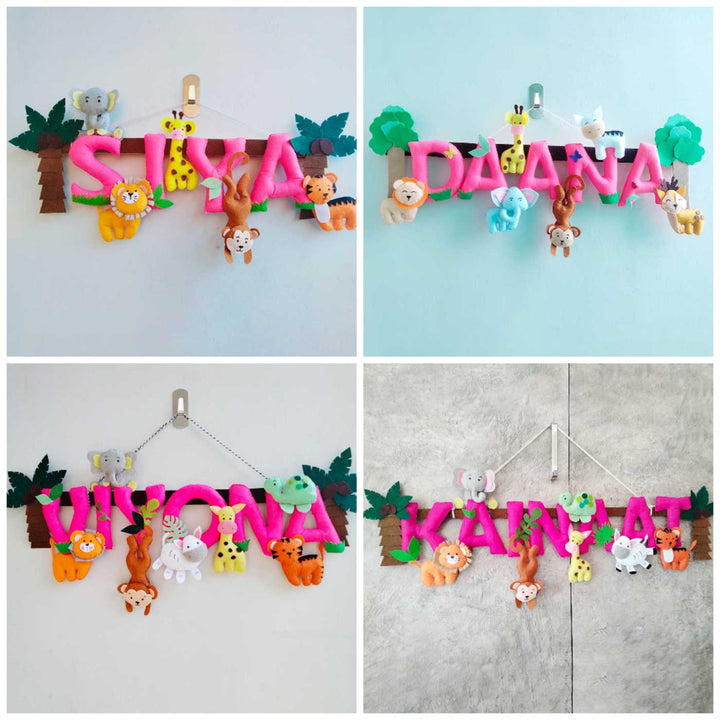 Personalized Pink Jungle Theme Felt Kids Name Plate