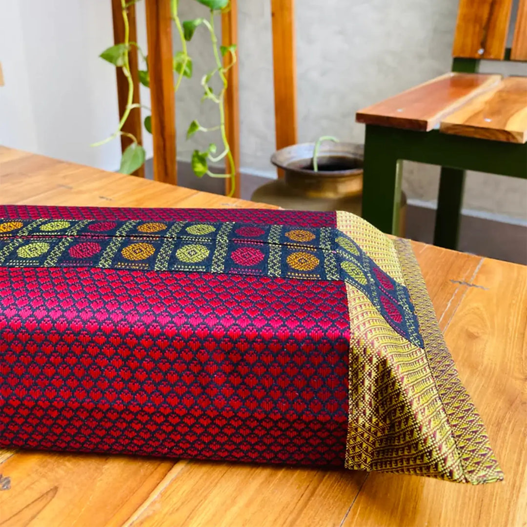 Handmade Red & Gold Rudraksha Design Khunn Fabric Cotton Tissue Box Cover