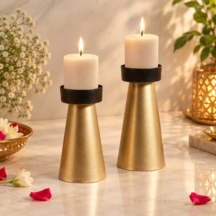 Set of 2 | Handmade Gold & Black Cone Metal Tealight Holders For Festive Decor