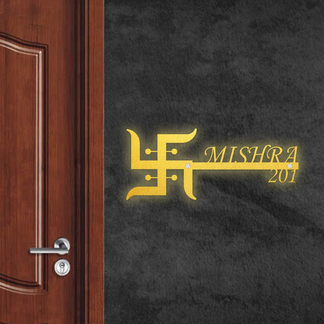 Personalized Swastik Laser Cut Metal Name Plate - Mounted on Wall Near Door