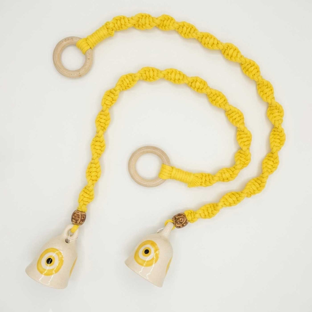 2 Pc | Macrame Handpainted Ceramic Bells Hanging With Wooden Rings & Beads