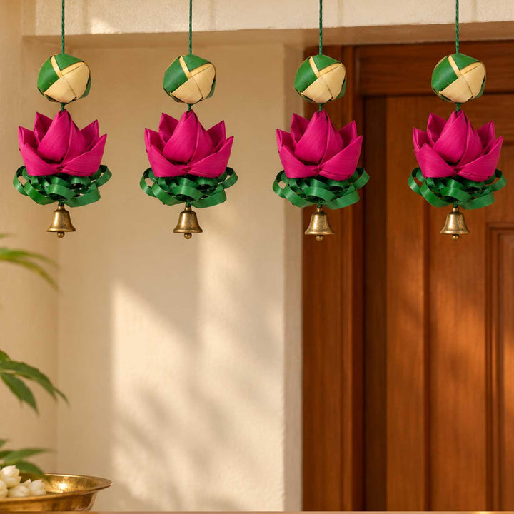 4 Pc | Handcrafted Palm Leaf Lotus Hanging With Flower Base & Bells