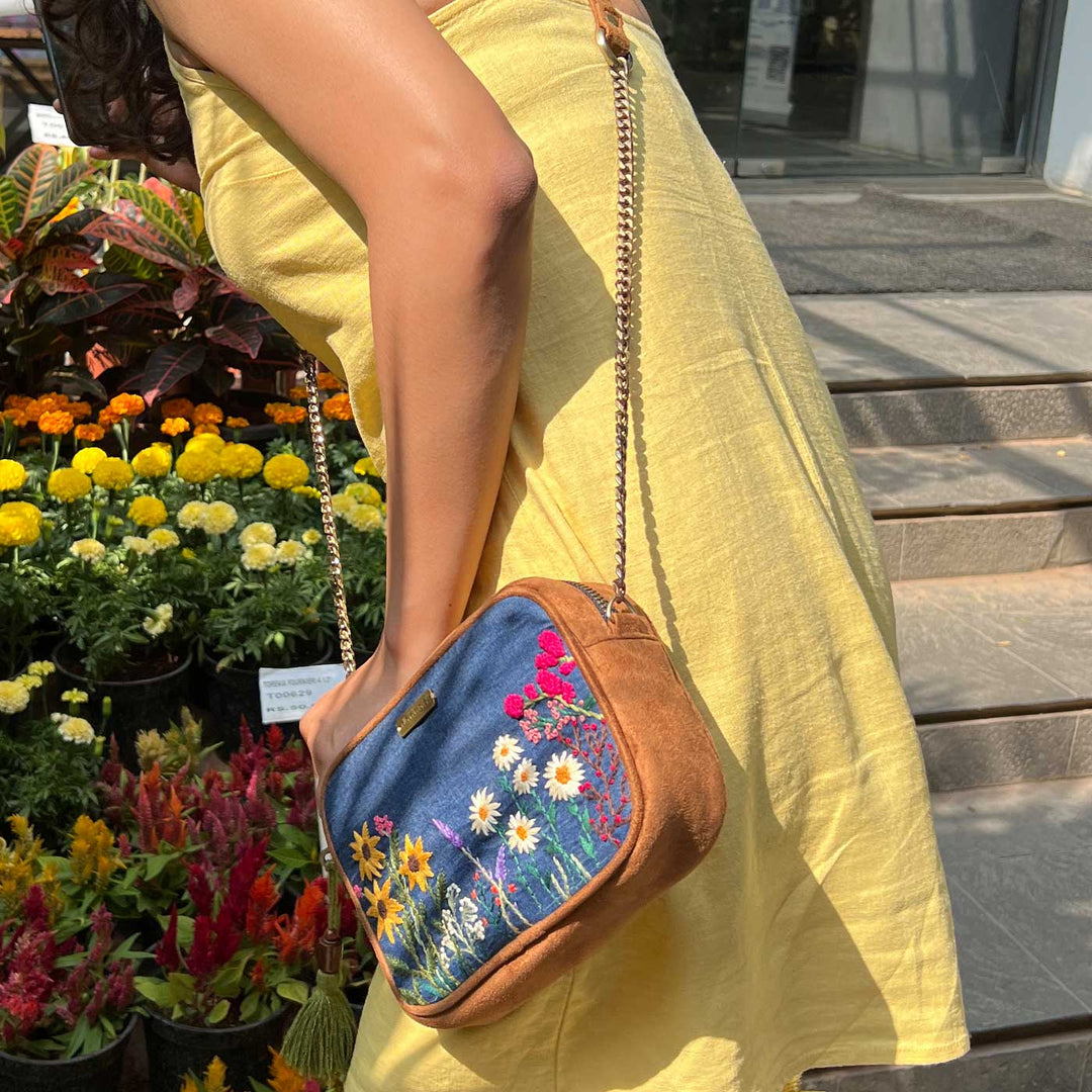 Personalized Embroidered Garden Denim Vegan Suede Sling Bag