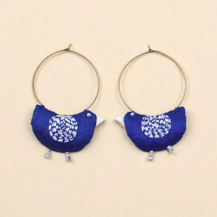 Handmade Textile Art Bulbul Bird Shaped Hoop Dupion Silk Fabric Earrings