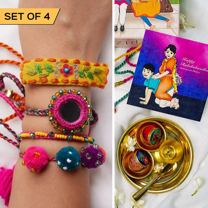 4 pc Rakhi + Brass Thali Set | Premium Nikki Chinki Embroidered Rakhi Set with Roli Chawal