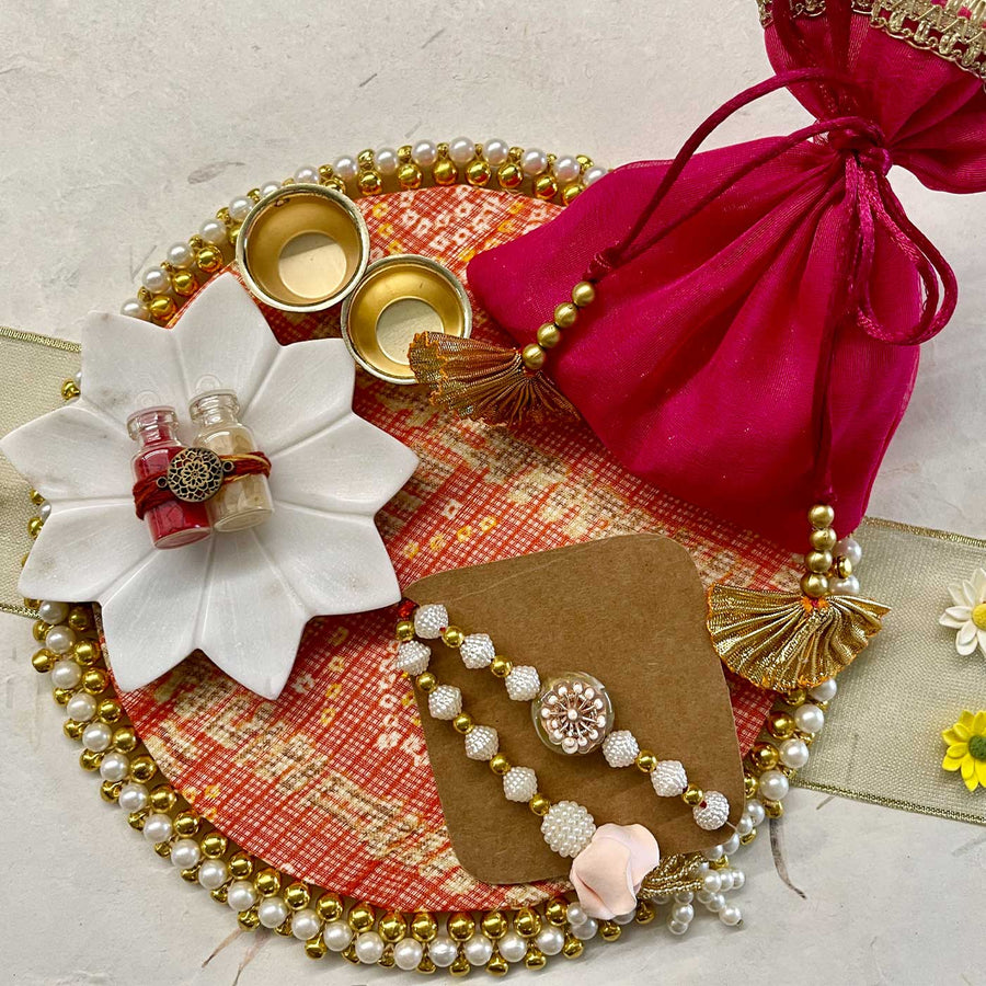 Handmade Sacred Threads Rakhi Hamper Includes 1 Marble Lotus 1 Tilak Bowl 1 Roli Chawal 1 Pooja Thali And 1 Set Bhaiya Bhabhi Rakhi - Pooja thali with accessories