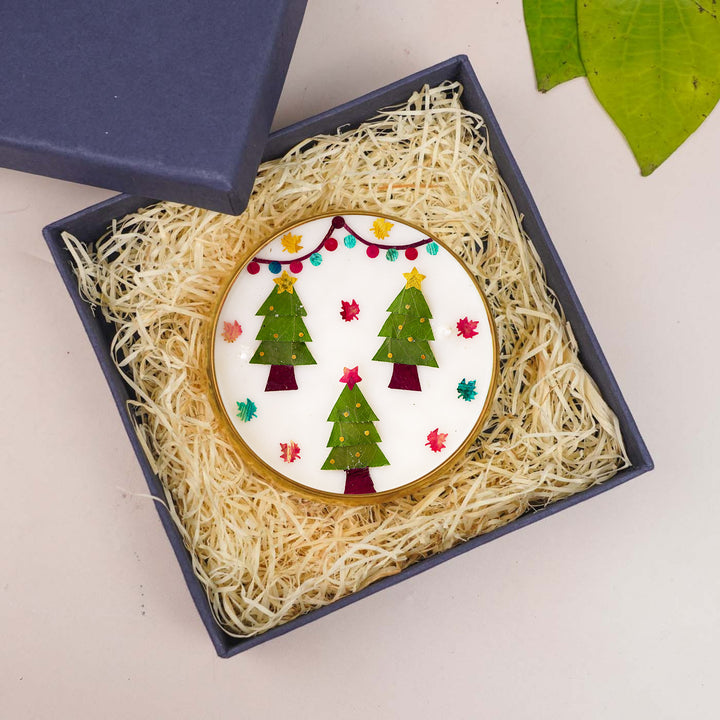 4 Inch | Handmade Pressed Flower Xmas Tree Theme Brass Candle | Packed in a Gift Box