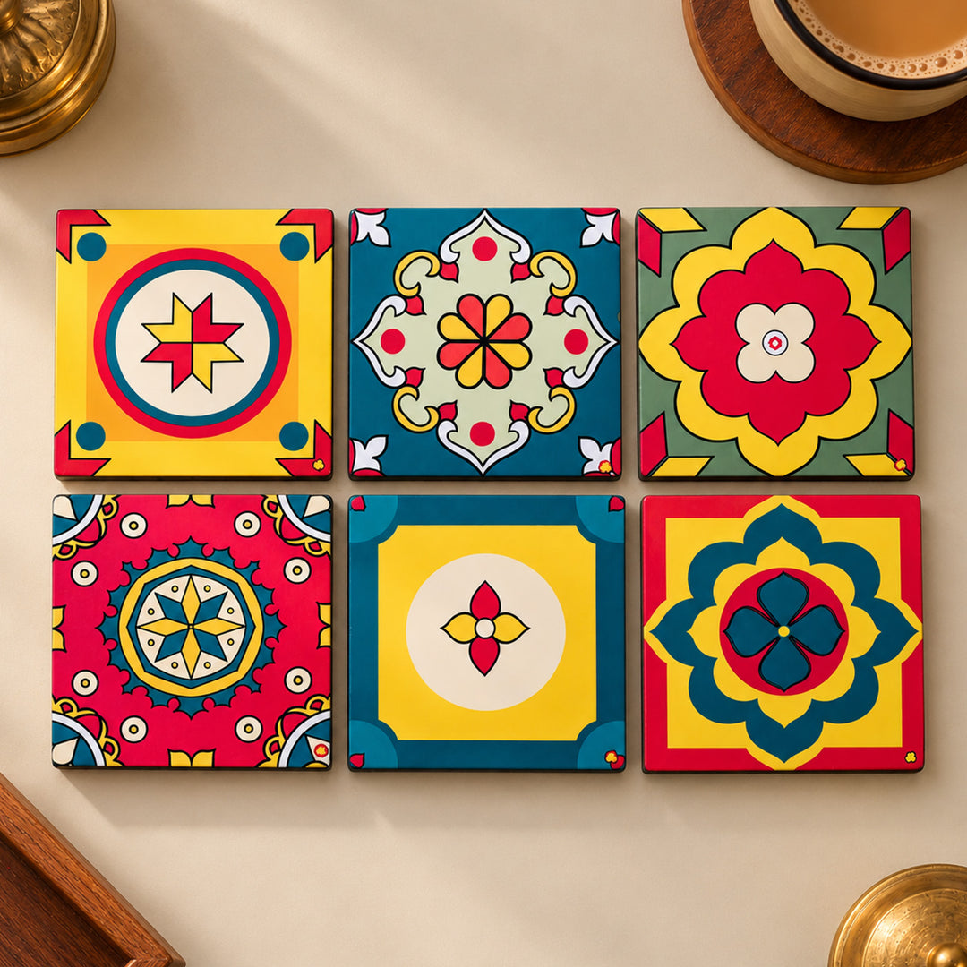 Set Of 6 | Hand-Painted Aathangudi Tiles Square Coaster Set For Festive Gifting