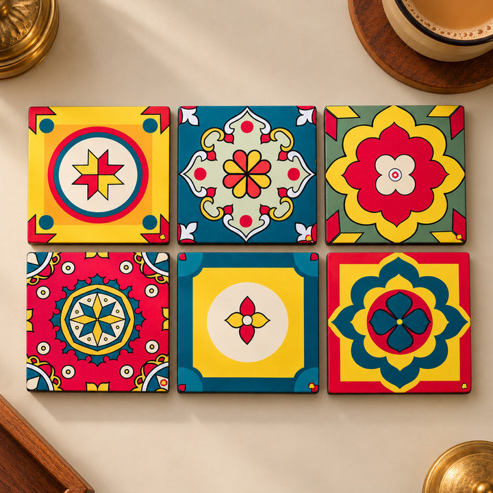 Set Of 6 | Hand-Painted Aathangudi Tiles Square Coaster Set For Festive Gifting