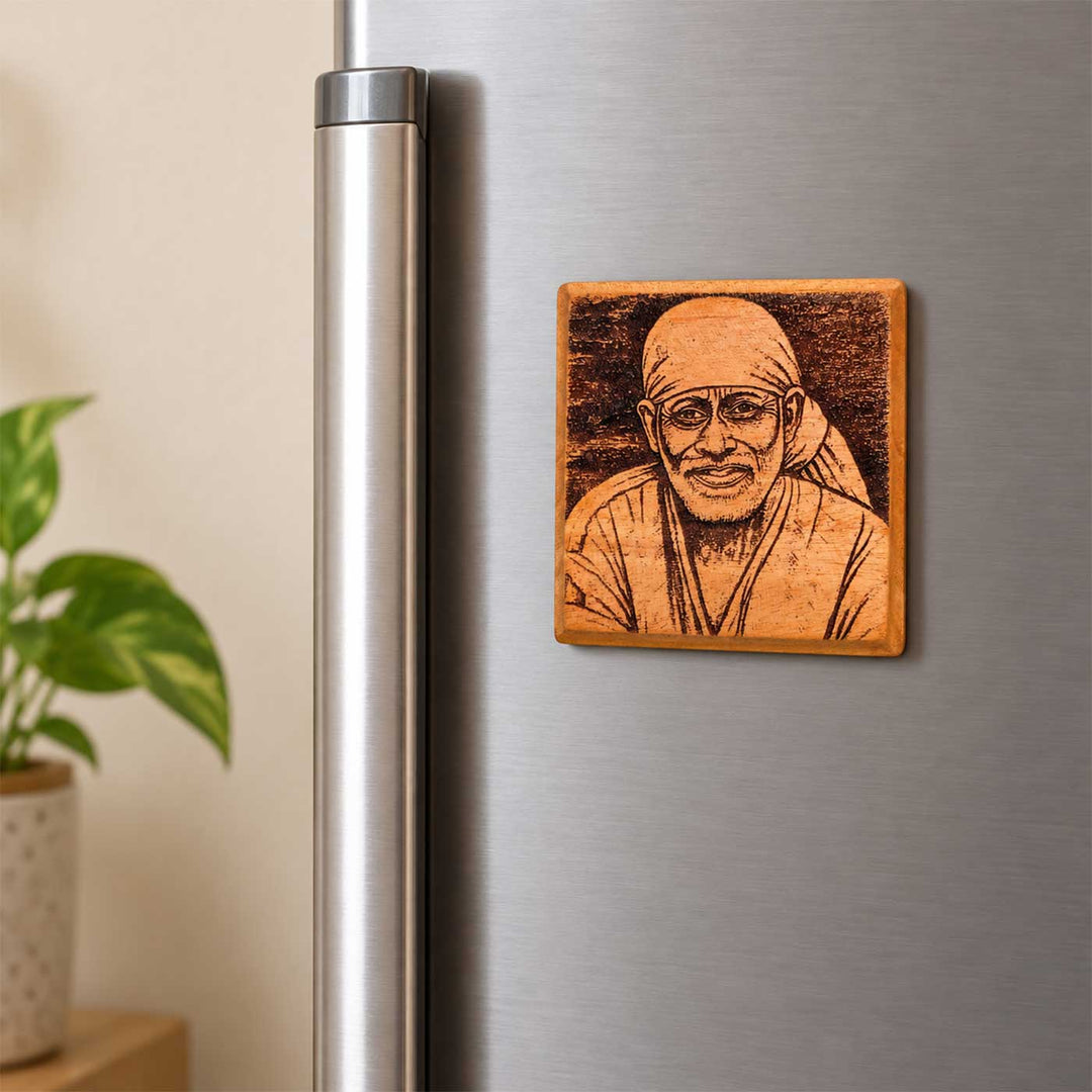 Engraved Sai Baba Portrait Mahogany Wood Fridge Magnet