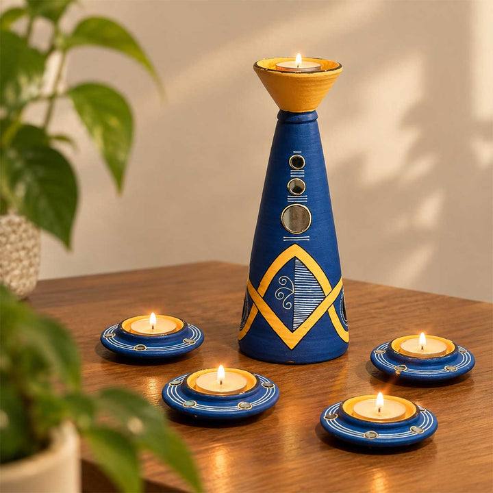 Set of 5 | "Blue Bloom" Hand-Painted Terracotta Disc & Long Diya Tealight Holders For Festive Decor