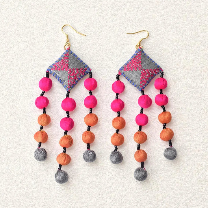 Handmade Textile Art Round Tassels Dupion Silk Fabric Earrings