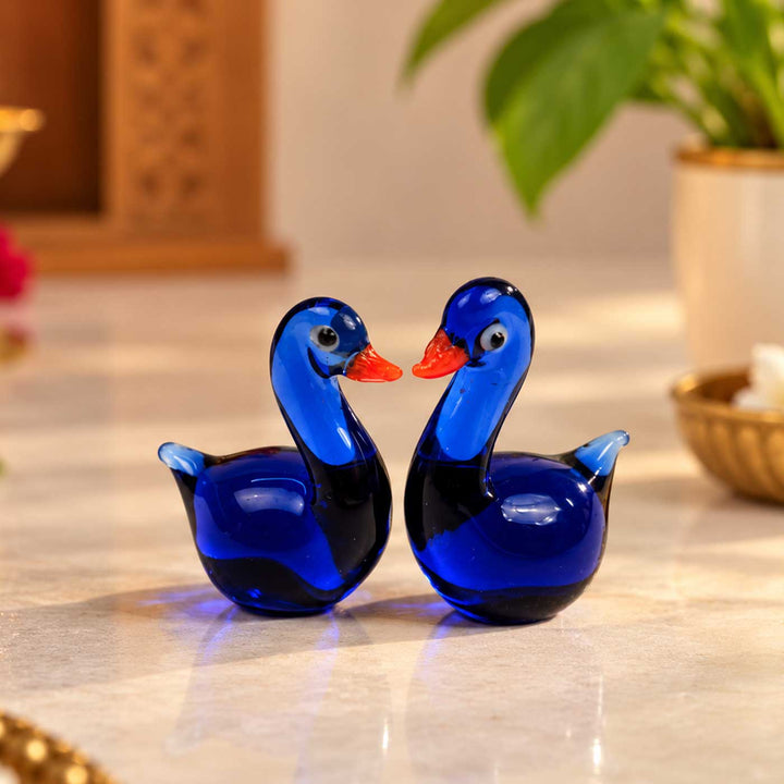 Set of 2 | Handmade Blown Glass Blue Swan Miniature Figurine For Decor