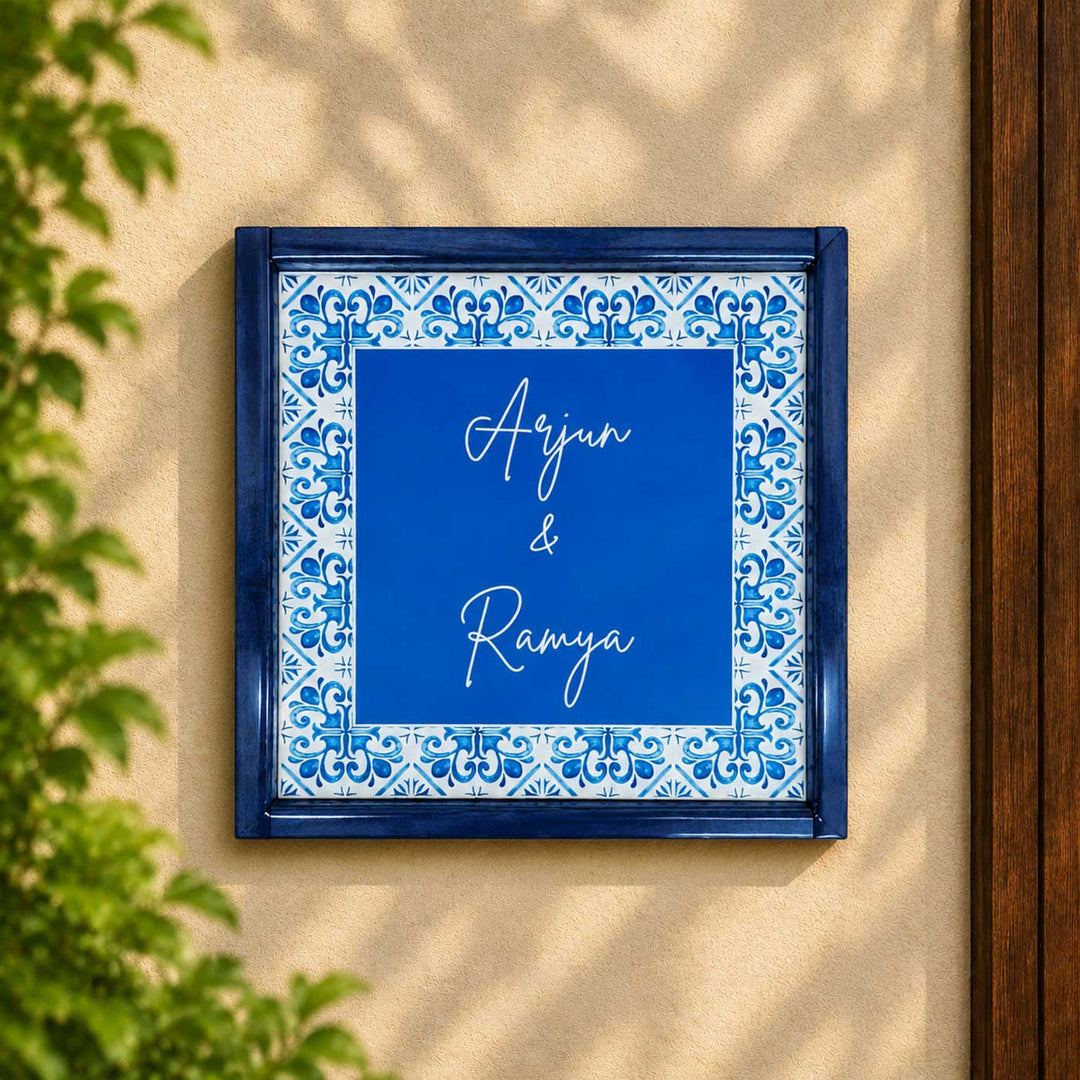 Blue Tile Vintage Personalized Square Resin & Teak Wood Frame Name Plate For Home