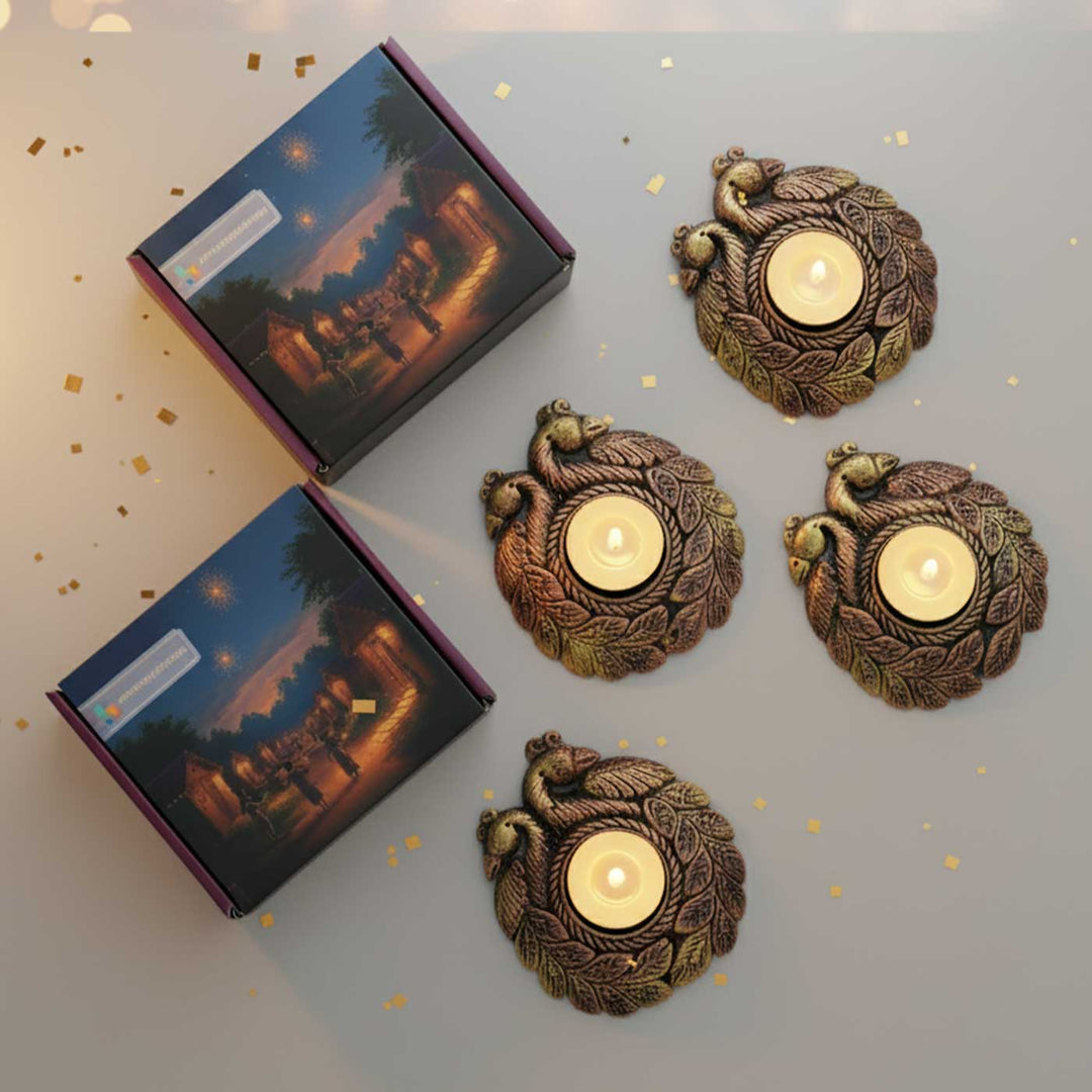 Handmade Couple Peacock Terracotta Tealight Holder | Set Of 4