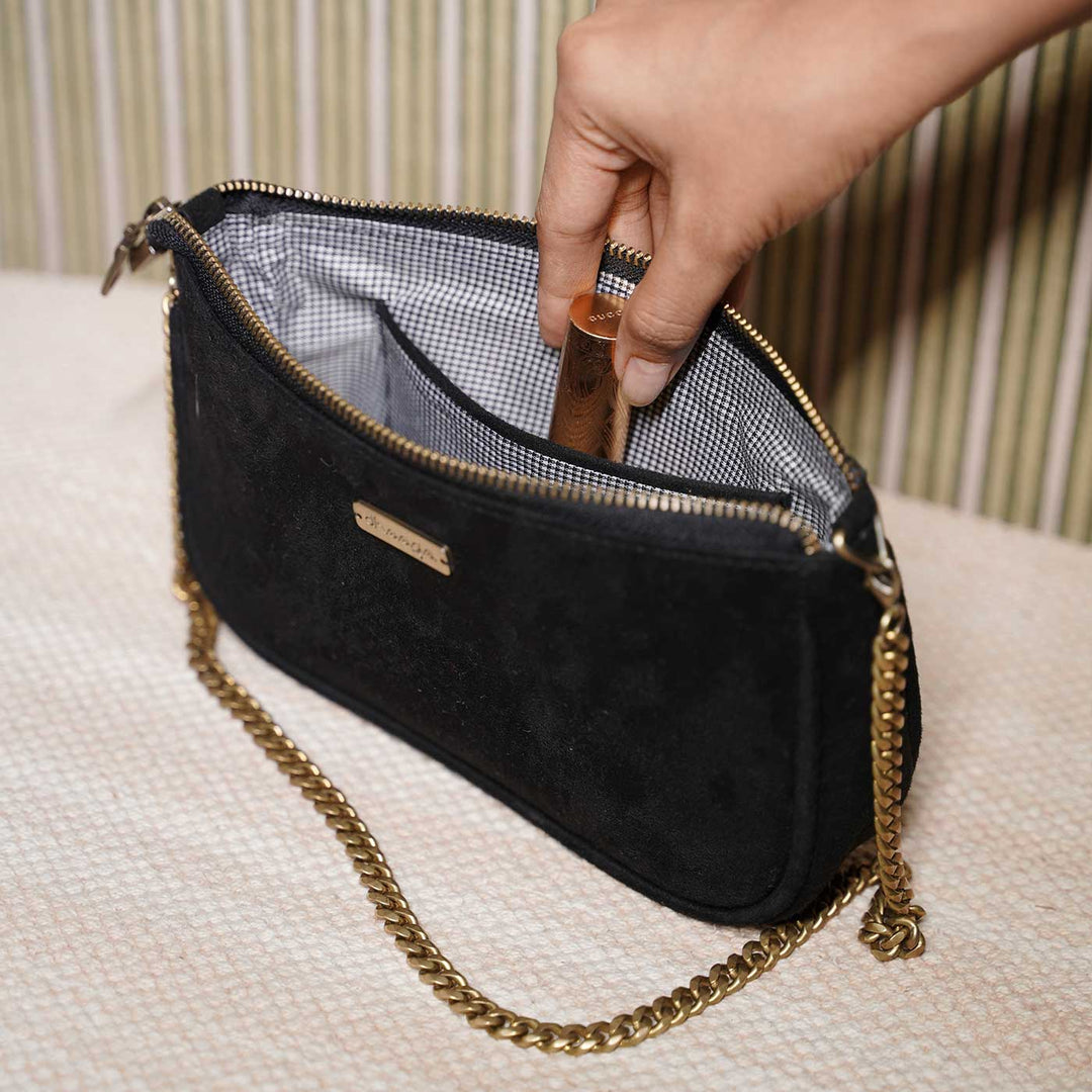 Hand Embroidered Rosette Black Baguette Bag