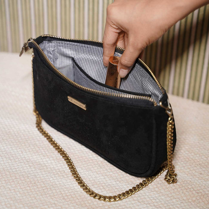 Hand Embroidered Rosette Black Baguette Bag