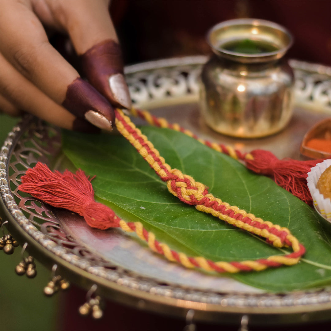 Plantable Anant Sutra Rakhi With Tulsi Seed Mud Ball, Roli-Chawal & Greeting Card For Brother