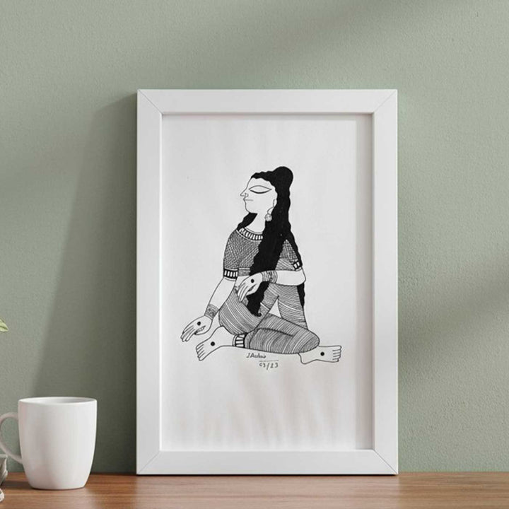 6 x 9 Inch | Ardha MatsyendrasanYoga Pose | Minimalist Black & White Mudhubani Style Line Drawing With Frame