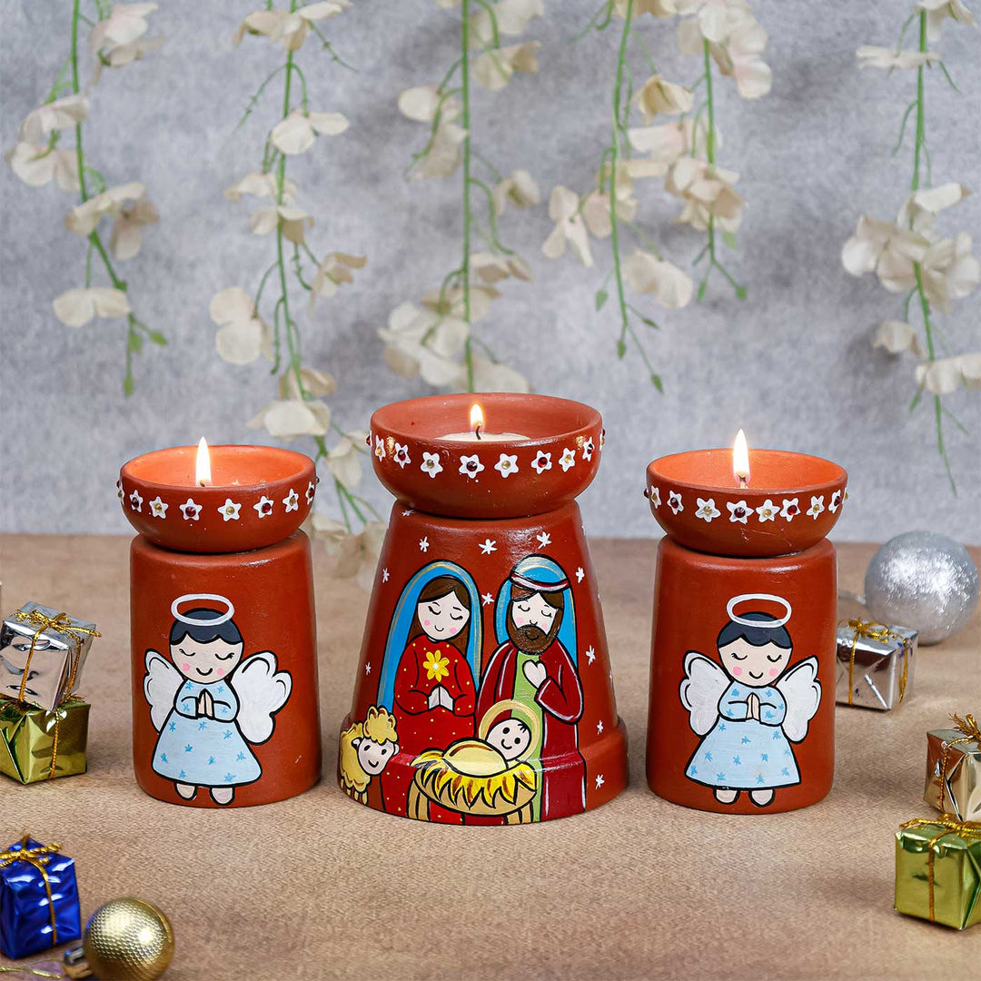 3 Pc | Hand Painted Holy Family Terracotta Tealight Holder Set