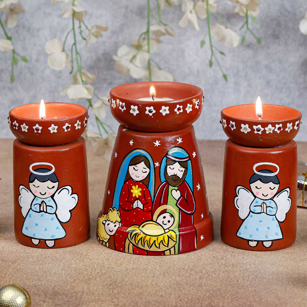 3 Pc | Hand Painted Holy Family Terracotta Tealight Holder Set