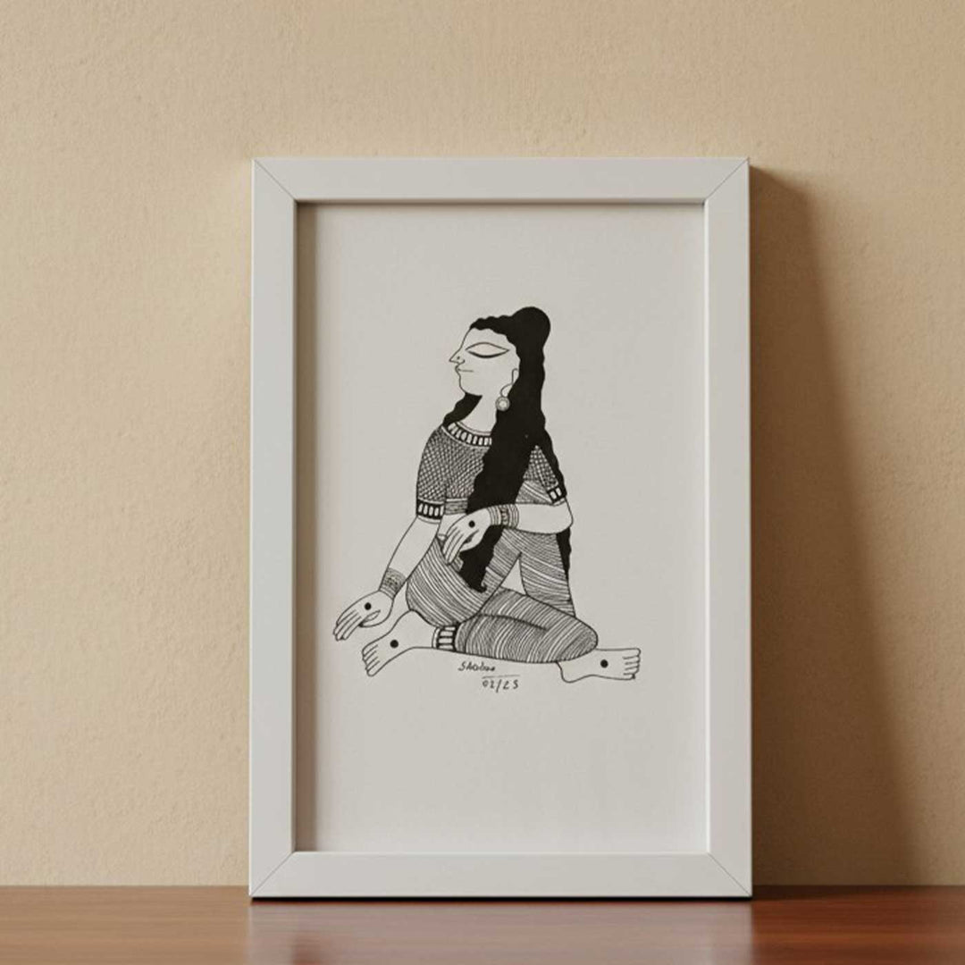 6 x 9 Inch | Ardha MatsyendrasanYoga Pose | Minimalist Black & White Mudhubani Style Line Drawing With Frame