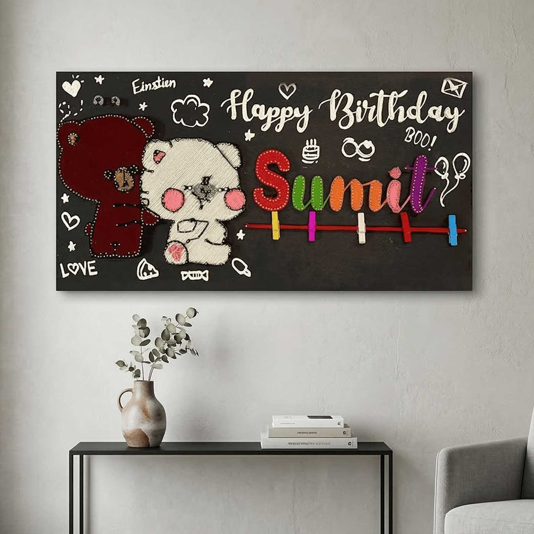 Photo Personalized String Art Two Teddies Wooden Name Plate