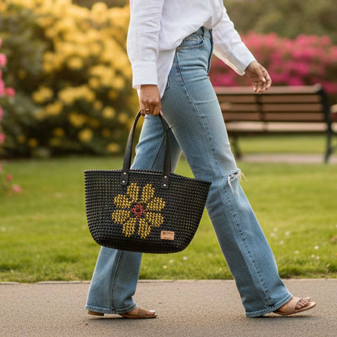 Black Side Flower Design Mukhya Knot Handmade Koodai Market Bag