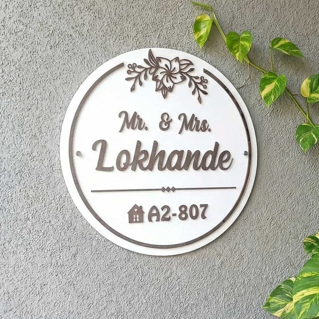 White Floral Acrylic Circular Personalized Name Plate