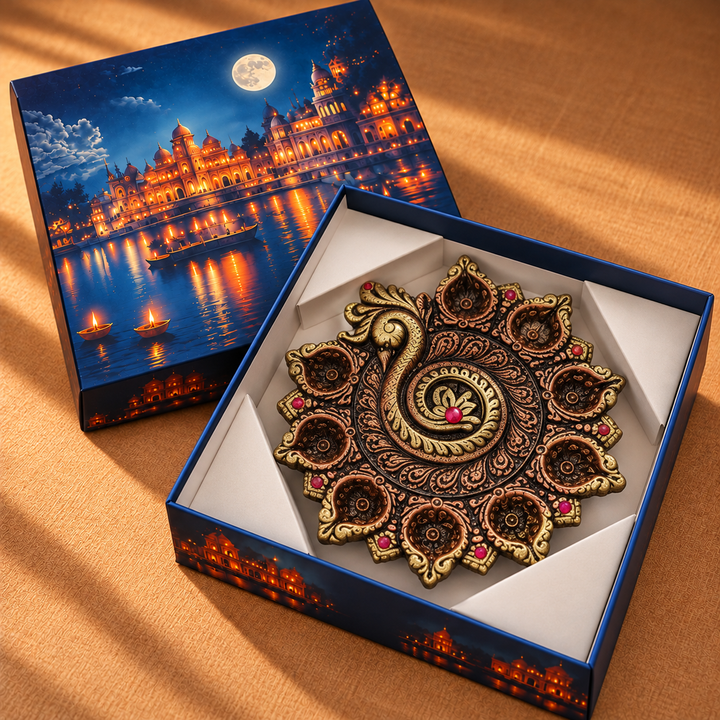 Handmade Peacock With 11 Terracotta Diya Platter | 10 inch