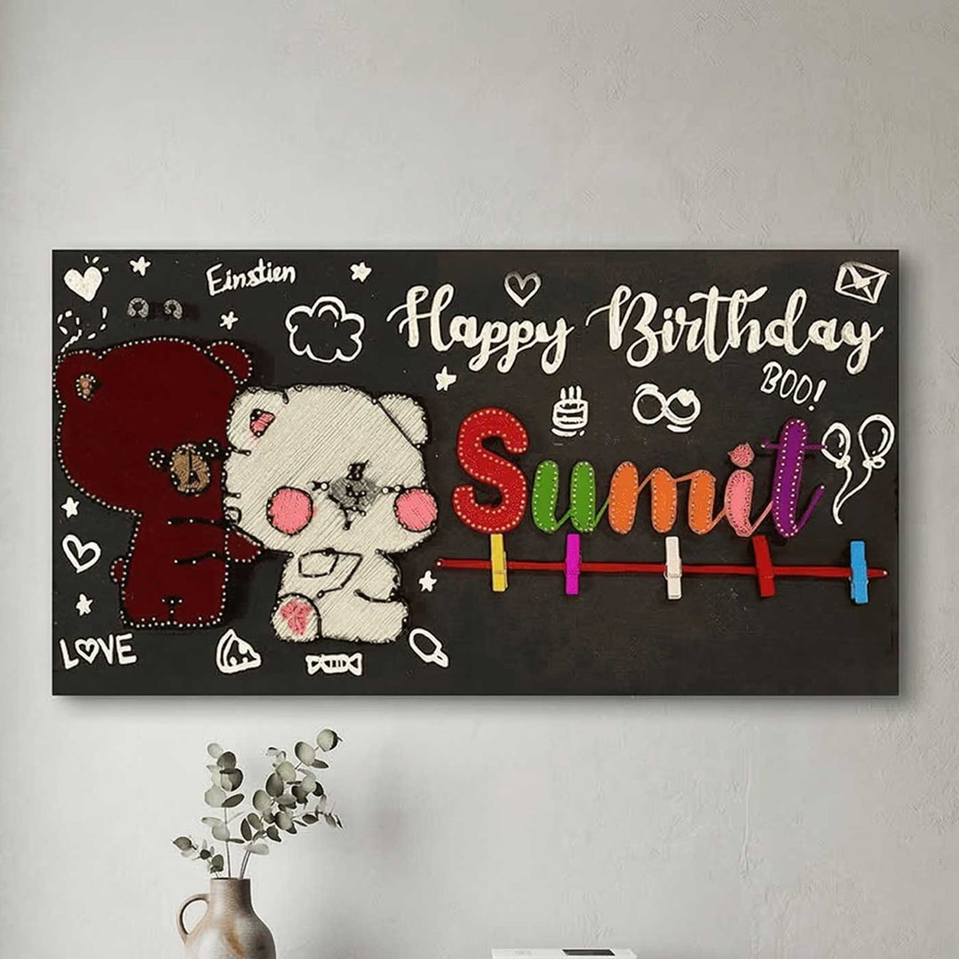 Photo Personalized String Art Two Teddies Wooden Name Plate