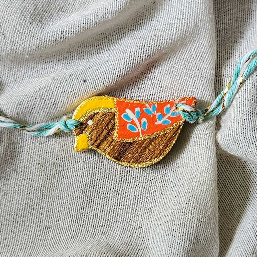 Handpainted Quirky Wooden Rakhi With Roli Chawal 4 New - Close-up showing details