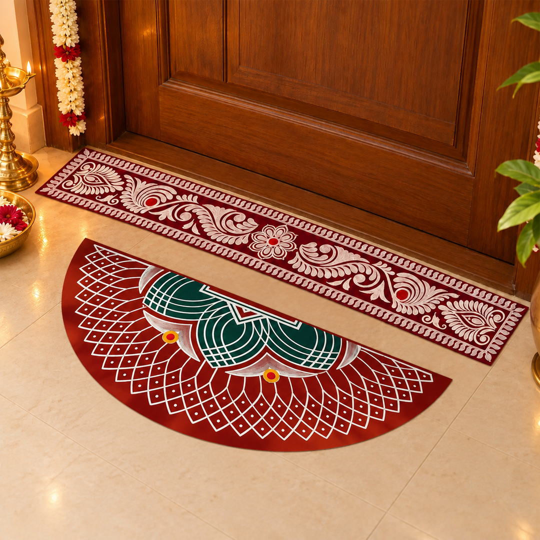 2 Pc | Madhobi Strip & Valai Semicircle Reusable Handmade Fabric Rangoli Mat for Festive Entrance Decor