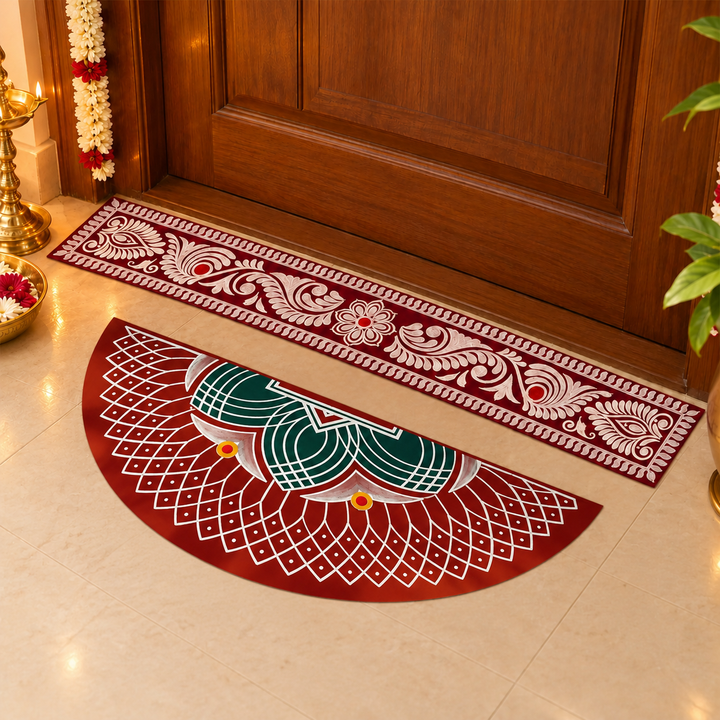 2 Pc | Madhobi Strip & Valai Semicircle Reusable Handmade Fabric Rangoli Mat for Festive Entrance Decor