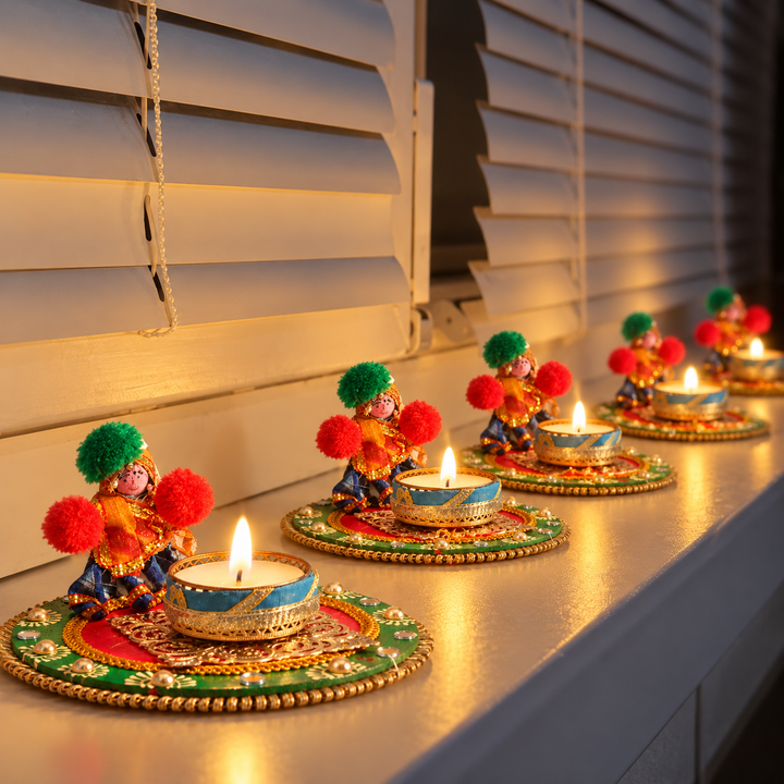 4 Pc | "Puppet" Handmade Fabric-Wrapped MDF Tealight Candle Holder For Festive Decor