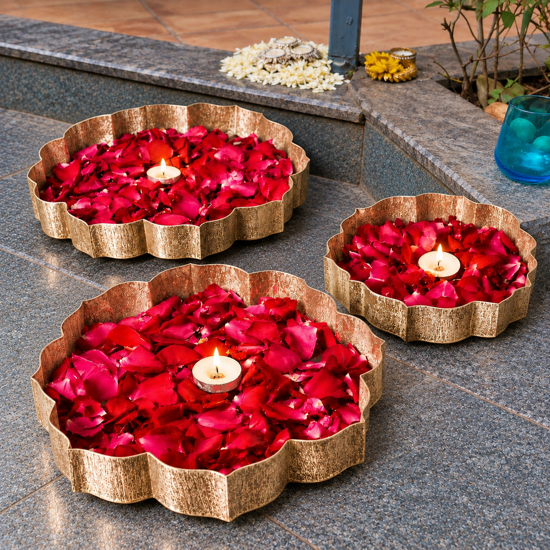 3 Pc | Lotus Shape Iron Urli Tray Set