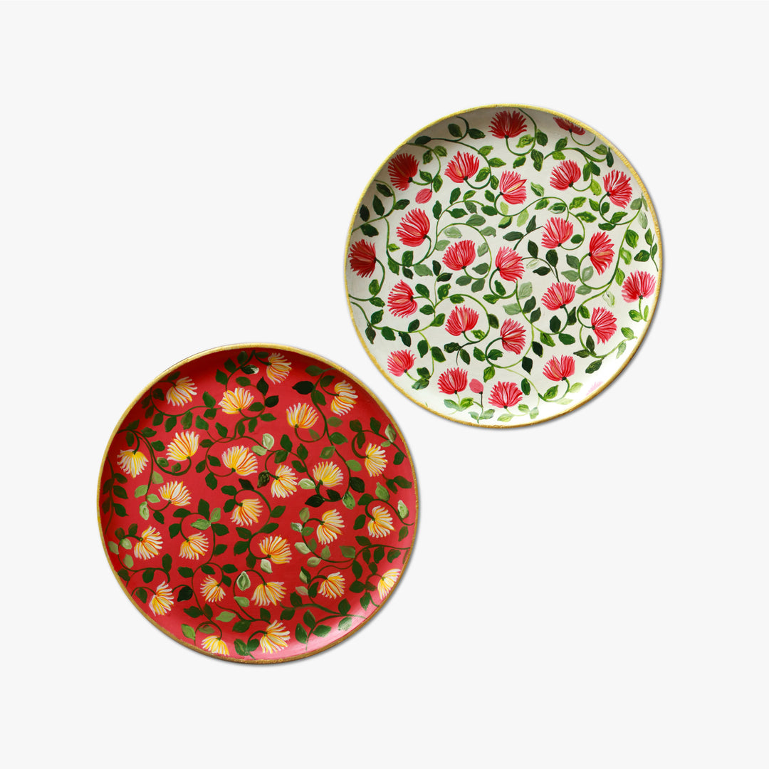 Handpainted Wooden Wall Plate With Floral Artwork - Set Of 2